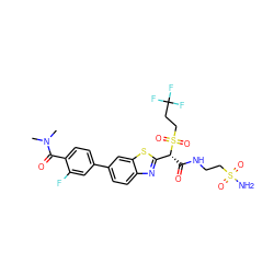 CN(C)C(=O)c1ccc(-c2ccc3nc([C@@H](C(=O)NCCS(N)(=O)=O)S(=O)(=O)CCC(F)(F)F)sc3c2)cc1F ZINC000222076935