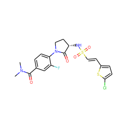 CN(C)C(=O)c1ccc(N2CC[C@H](NS(=O)(=O)/C=C/c3ccc(Cl)s3)C2=O)c(F)c1 ZINC000045387787