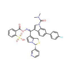 CN(C)C(=O)n1cc(/C(=N/OC(=O)c2ccccc2S(=O)(=O)O)c2ccn3c2CS[C@@H]3c2cccnc2)c2ccc(-c3ccc(F)cc3)cc21 ZINC000049683255