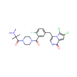 CN(C)C(C)(C)C(=O)N1CCN(C(=O)c2cc(Cc3c[nH]c(=O)c4cc(Cl)c(Cl)n34)ccc2F)CC1 ZINC000049757413