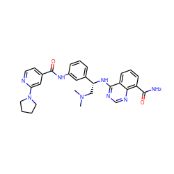 CN(C)C[C@@H](Nc1ncnc2c(C(N)=O)cccc12)c1cccc(NC(=O)c2ccnc(N3CCCC3)c2)c1 ZINC000114345424