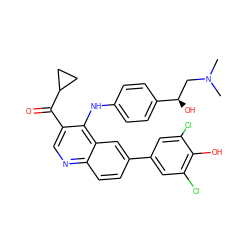 CN(C)C[C@@H](O)c1ccc(Nc2c(C(=O)C3CC3)cnc3ccc(-c4cc(Cl)c(O)c(Cl)c4)cc23)cc1 ZINC000114035378