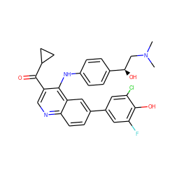 CN(C)C[C@@H](O)c1ccc(Nc2c(C(=O)C3CC3)cnc3ccc(-c4cc(F)c(O)c(Cl)c4)cc23)cc1 ZINC000114036155