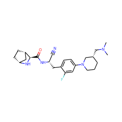 CN(C)C[C@@H]1CCCN(c2ccc(C[C@@H](C#N)NC(=O)[C@H]3N[C@@H]4CC[C@H]3C4)c(F)c2)C1 ZINC000219297523