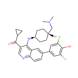 CN(C)C[C@]1(O)CC[C@@H](Nc2c(C(=O)C3CC3)cnc3ccc(-c4cc(Cl)c(O)c(Cl)c4)cc23)CC1 ZINC000473159062