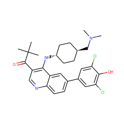 CN(C)C[C@H]1CC[C@H](Nc2c(C(=O)C(C)(C)C)cnc3ccc(-c4cc(Cl)c(O)c(Cl)c4)cc23)CC1 ZINC000473197538