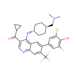 CN(C)C[C@H]1CC[C@H](Nc2c(C(=O)C3CC3)cnc3cc(C(F)(F)F)c(-c4cc(F)c(O)c(Cl)c4)cc23)CC1 ZINC000473183156