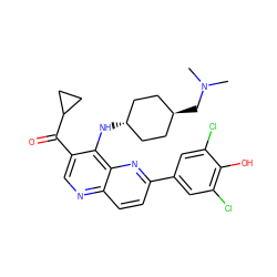 CN(C)C[C@H]1CC[C@H](Nc2c(C(=O)C3CC3)cnc3ccc(-c4cc(Cl)c(O)c(Cl)c4)nc23)CC1 ZINC000473213151