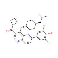 CN(C)C[C@H]1CC[C@H](Nc2c(C(=O)C3CCC3)cnc3ccc(-c4cc(Cl)c(O)c(Cl)c4)nc23)CC1 ZINC000473194459