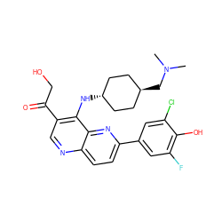 CN(C)C[C@H]1CC[C@H](Nc2c(C(=O)CO)cnc3ccc(-c4cc(F)c(O)c(Cl)c4)nc23)CC1 ZINC000473164958