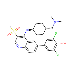 CN(C)C[C@H]1CC[C@H](Nc2c(S(C)(=O)=O)cnc3ccc(-c4cc(Cl)c(O)c(Cl)c4)cc23)CC1 ZINC000473210196