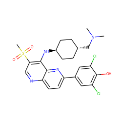 CN(C)C[C@H]1CC[C@H](Nc2c(S(C)(=O)=O)cnc3ccc(-c4cc(Cl)c(O)c(Cl)c4)nc23)CC1 ZINC000473213469