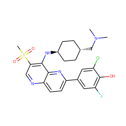 CN(C)C[C@H]1CC[C@H](Nc2c(S(C)(=O)=O)cnc3ccc(-c4cc(F)c(O)c(Cl)c4)nc23)CC1 ZINC000473213468