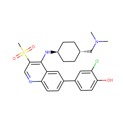 CN(C)C[C@H]1CC[C@H](Nc2c(S(C)(=O)=O)cnc3ccc(-c4ccc(O)c(Cl)c4)cc23)CC1 ZINC000473210236