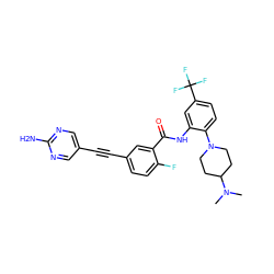 CN(C)C1CCN(c2ccc(C(F)(F)F)cc2NC(=O)c2cc(C#Cc3cnc(N)nc3)ccc2F)CC1 ZINC000014957149