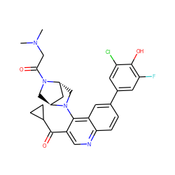 CN(C)CC(=O)N1C[C@H]2C[C@H]1CN2c1c(C(=O)C2CC2)cnc2ccc(-c3cc(F)c(O)c(Cl)c3)cc12 ZINC000219859935