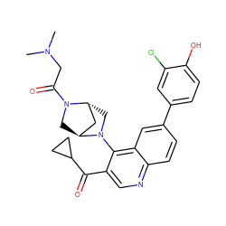 CN(C)CC(=O)N1C[C@H]2C[C@H]1CN2c1c(C(=O)C2CC2)cnc2ccc(-c3ccc(O)c(Cl)c3)cc12 ZINC000219860286