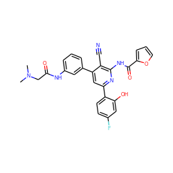 CN(C)CC(=O)Nc1cccc(-c2cc(-c3ccc(F)cc3O)nc(NC(=O)c3ccco3)c2C#N)c1 ZINC000053243403