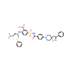 CN(C)CC[C@H](CSc1ccccc1)Nc1ccc(S(=O)(=O)NC(=O)c2ccc(N3CCC4(CC3)CC(c3ccccc3)=NO4)cc2)cc1[N+](=O)[O-] ZINC000095612739