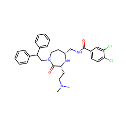 CN(C)CC[C@H]1N[C@@H](CNC(=O)c2ccc(Cl)c(Cl)c2)CCN(CC(c2ccccc2)c2ccccc2)C1=O ZINC001772597247