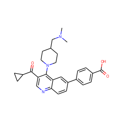 CN(C)CC1CCN(c2c(C(=O)C3CC3)cnc3ccc(-c4ccc(C(=O)O)cc4)cc23)CC1 ZINC000114037107