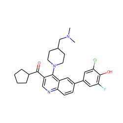 CN(C)CC1CCN(c2c(C(=O)C3CCCC3)cnc3ccc(-c4cc(F)c(O)c(Cl)c4)cc23)CC1 ZINC000203989904