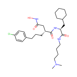 CN(C)CCCCNC(=O)[C@H](CC1CCCCC1)NC(=O)[C@H](CCCc1ccc(Cl)cc1)CC(=O)NO ZINC000026663435