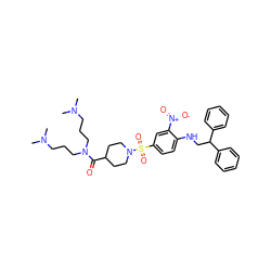 CN(C)CCCN(CCCN(C)C)C(=O)C1CCN(S(=O)(=O)c2ccc(NCC(c3ccccc3)c3ccccc3)c([N+](=O)[O-])c2)CC1 ZINC000028369192