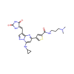 CN(C)CCCNC(=O)c1cc(-c2cc(NC3CC3)n3ncc(/C=C4\NC(=O)NC4=O)c3n2)cs1 ZINC000205031369