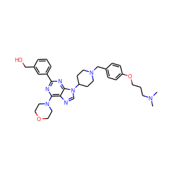 CN(C)CCCOc1ccc(CN2CCC(n3cnc4c(N5CCOCC5)nc(-c5cccc(CO)c5)nc43)CC2)cc1 ZINC000049767548