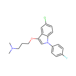 CN(C)CCCOc1cn(-c2ccc(F)cc2)c2ccc(Cl)cc12 ZINC000013758628