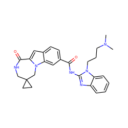 CN(C)CCCn1c(NC(=O)c2ccc3cc4n(c3c2)CC2(CC2)CNC4=O)nc2ccccc21 ZINC000147880021