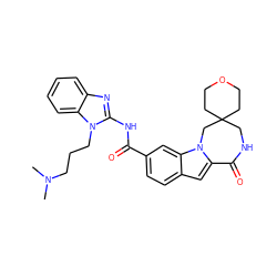 CN(C)CCCn1c(NC(=O)c2ccc3cc4n(c3c2)CC2(CCOCC2)CNC4=O)nc2ccccc21 ZINC000218244279