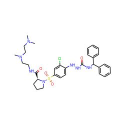 CN(C)CCN(C)CCNC(=O)[C@@H]1CCCN1S(=O)(=O)c1ccc(NNC(=O)NC(c2ccccc2)c2ccccc2)c(Cl)c1 ZINC000026275421