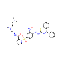 CN(C)CCN(C)CCNC(=O)[C@@H]1CCCN1S(=O)(=O)c1ccc(NNC(=S)NC(c2ccccc2)c2ccccc2)c([N+](=O)[O-])c1 ZINC000026275413