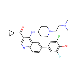 CN(C)CCN1CCC(Nc2c(C(=O)C3CC3)cnc3ccc(-c4cc(F)c(O)c(Cl)c4)cc23)CC1 ZINC000114039169