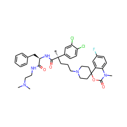 CN(C)CCNC(=O)[C@@H](Cc1ccccc1)NC(=O)[C@](C)(CCCN1CCC2(CC1)OC(=O)N(C)c1ccc(F)cc12)c1ccc(Cl)c(Cl)c1 ZINC000169348417