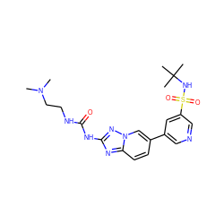 CN(C)CCNC(=O)Nc1nc2ccc(-c3cncc(S(=O)(=O)NC(C)(C)C)c3)cn2n1 ZINC000084706413