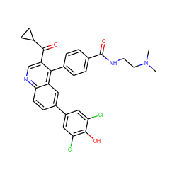 CN(C)CCNC(=O)c1ccc(-c2c(C(=O)C3CC3)cnc3ccc(-c4cc(Cl)c(O)c(Cl)c4)cc23)cc1 ZINC000114036107