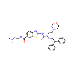 CN(C)CCNC(=O)c1ccc2nc(NC(=O)N(CCC(c3ccccc3)c3ccccc3)CCN3CCOCC3)sc2c1 ZINC000096258252