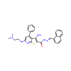 CN(C)CCNc1cc(-c2ccccc2)c2c(N)c(C(=O)N/N=C/c3cccc4ccccc34)sc2n1 ZINC000071315757