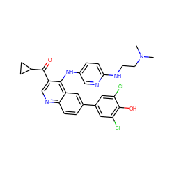 CN(C)CCNc1ccc(Nc2c(C(=O)C3CC3)cnc3ccc(-c4cc(Cl)c(O)c(Cl)c4)cc23)cn1 ZINC000114038543