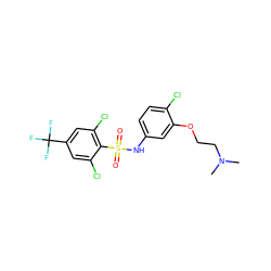 CN(C)CCOc1cc(NS(=O)(=O)c2c(Cl)cc(C(F)(F)F)cc2Cl)ccc1Cl ZINC000013986675