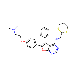 CN(C)CCOc1ccc(-c2oc3ncnc(NCC4SCCCS4)c3c2-c2ccccc2)cc1 ZINC000084730214