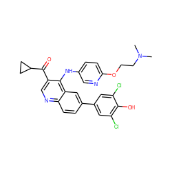 CN(C)CCOc1ccc(Nc2c(C(=O)C3CC3)cnc3ccc(-c4cc(Cl)c(O)c(Cl)c4)cc23)cn1 ZINC000114036809