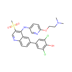 CN(C)CCOc1ccc(Nc2c(S(C)(=O)=O)cnc3ccc(-c4cc(Cl)c(O)c(Cl)c4)cc23)cn1 ZINC000114037058