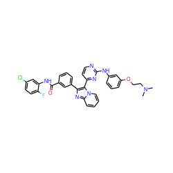 CN(C)CCOc1cccc(Nc2nccc(-c3c(-c4cccc(C(=O)Nc5cc(Cl)ccc5F)c4)nc4ccccn34)n2)c1 ZINC000113541214