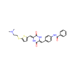 CN(C)CCSc1ccc(/C=c2\[nH]c(=O)/c(=C/c3ccc(NC(=O)c4ccccc4)cc3)[nH]c2=O)s1 ZINC000026577467