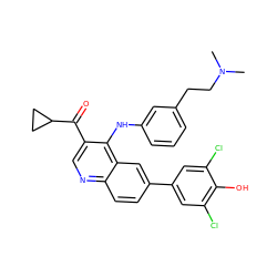 CN(C)CCc1cccc(Nc2c(C(=O)C3CC3)cnc3ccc(-c4cc(Cl)c(O)c(Cl)c4)cc23)c1 ZINC000203799406