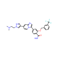 CN(C)CCn1cc(-c2ccn3c(-c4ccc(C(N)=O)c(OCc5cccc(C(F)(F)F)c5)c4)cnc3c2)cn1 ZINC001772586146